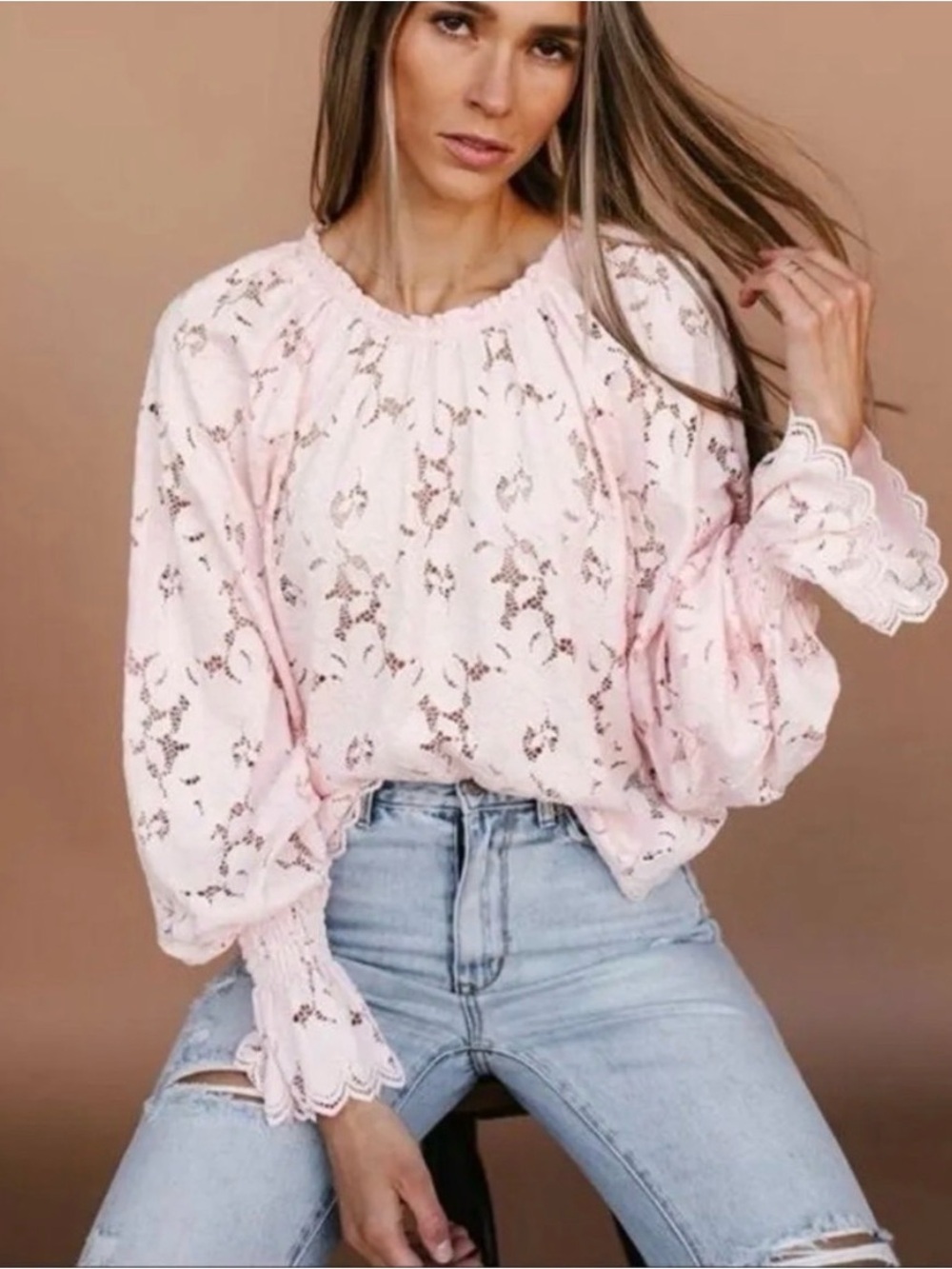 NWOT Free People Olivia Lace Balloon Sleeve Blouse Top in Pink